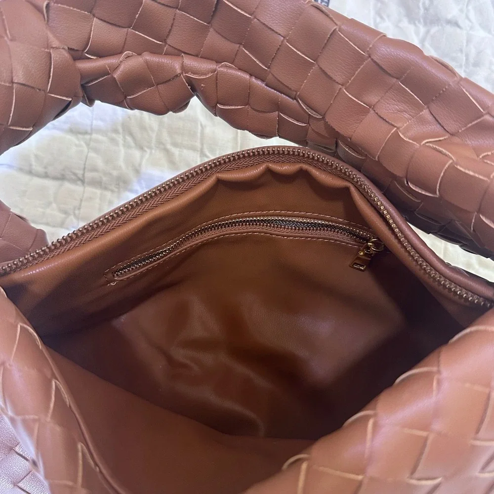 Unbranded Woven Hobo Bag Cognac Brown Knotted Shoulder Bag